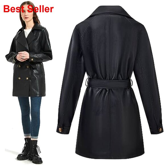 Faux Leather Trench Coat with Belt, Double Breasted, Mid Length - Picture 6 of 7